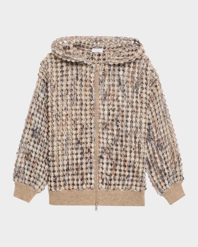 Pailette Wool-Cashmere Net Balloon-Sleeve Zip Hoo